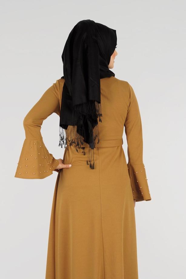 Tesettür giyim  T 5873 Modabu-Kolu Volanlı İncili Elbise - TRENDTESETTÜR