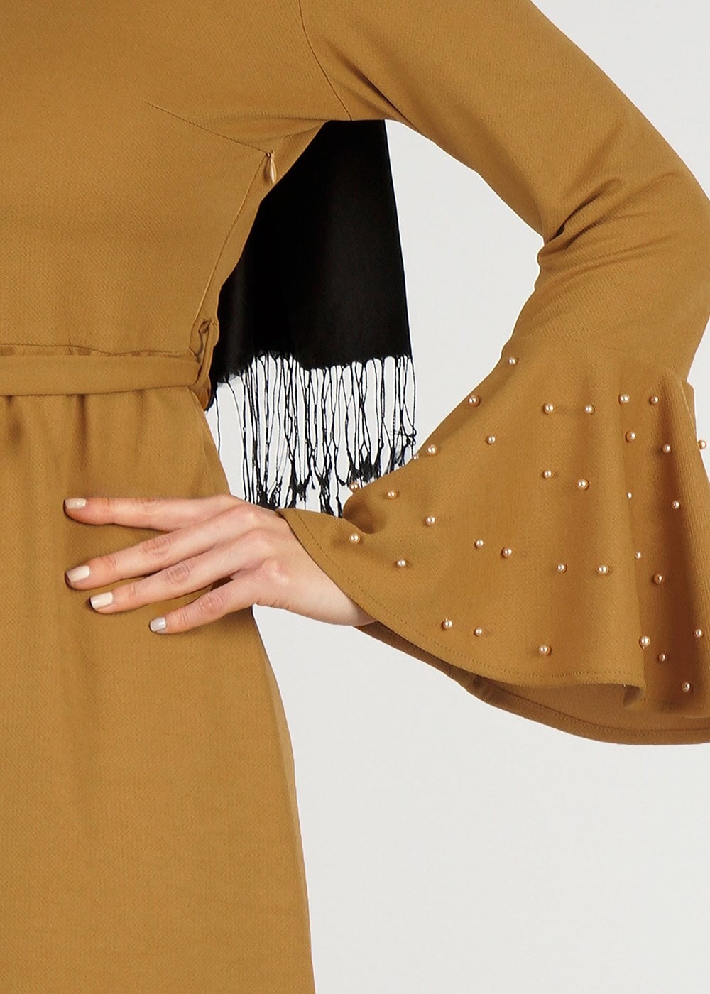 Tesettür giyim TURUNCU T 5873 Modabu-Kolu Volanlı İncili Elbise