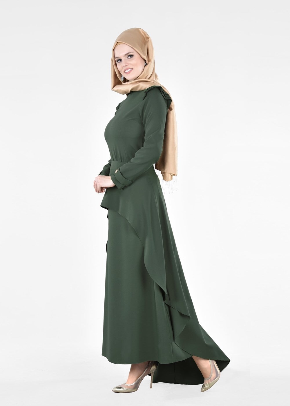 Tesettür giyim HAKİ T 9366 By Korkut-Hakim Yaka 2&prime;li Elbise