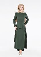 Tesettür giyim HAKİ T 9366 By Korkut-Hakim Yaka 2&prime;li Elbise