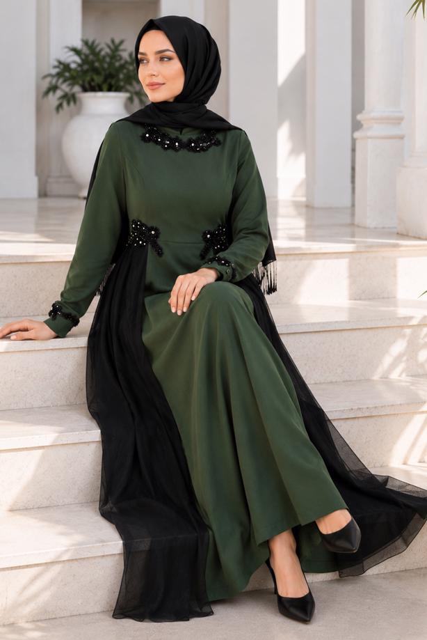 Tesettür giyim  TÜL DETAYLI ABİYE ELBİSE T 9573  - TRENDTESETTÜR