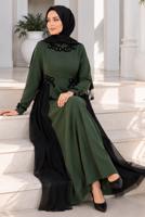 Tesettür giyim HAKİ TÜL DETAYLI ABİYE ELBİSE T 9573 