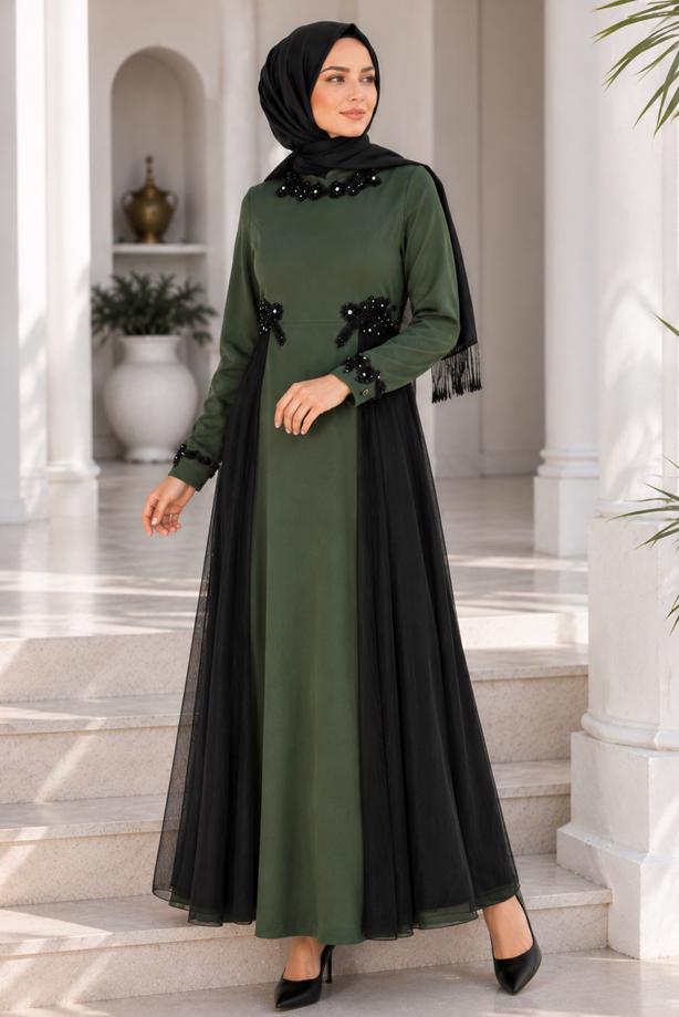 Tesettür giyim  TÜL DETAYLI ABİYE ELBİSE T 9573  - TRENDTESETTÜR