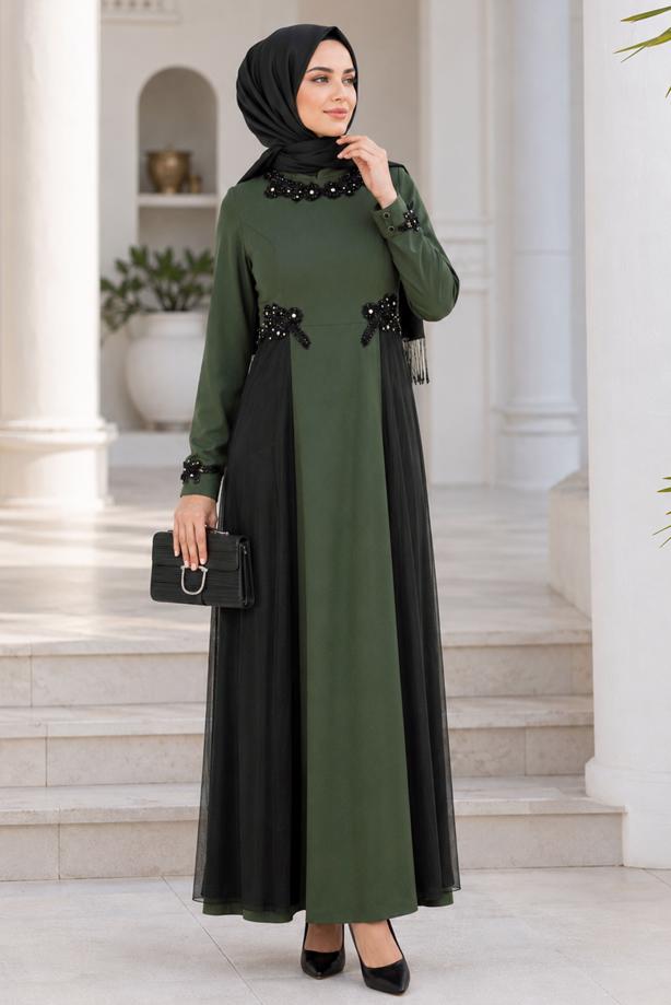 Tesettür giyim  TÜL DETAYLI ABİYE ELBİSE T 9573  - TRENDTESETTÜR