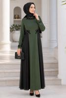 Tesettür giyim HAKİ TÜL DETAYLI ABİYE ELBİSE T 9573 
