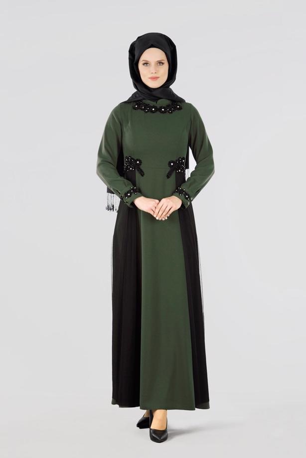 Vêtements hijab  T 9573 Funda-Tül Detaylı Abiye Elbise - TRENDTESETTÜR