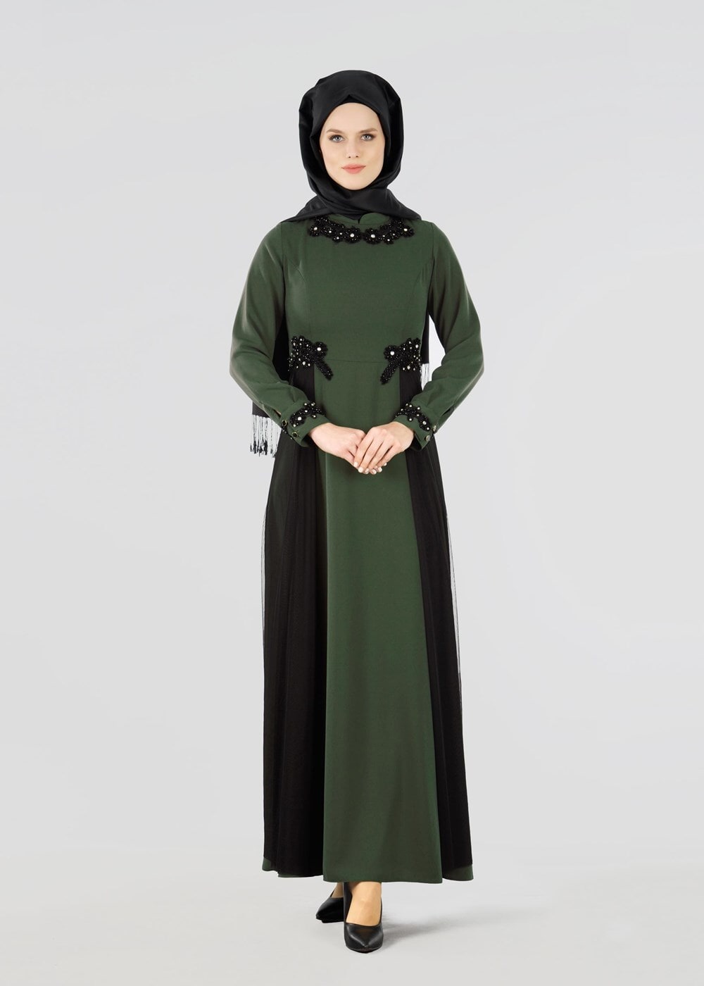 Vêtements hijab KAKI T 9573 Funda-Tül Detaylı Abiye Elbise