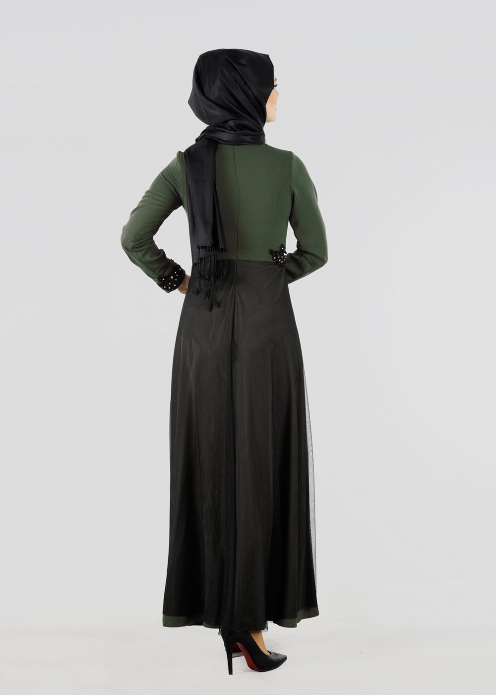 Vêtements hijab KAKI T 9573 Funda-Tül Detaylı Abiye Elbise