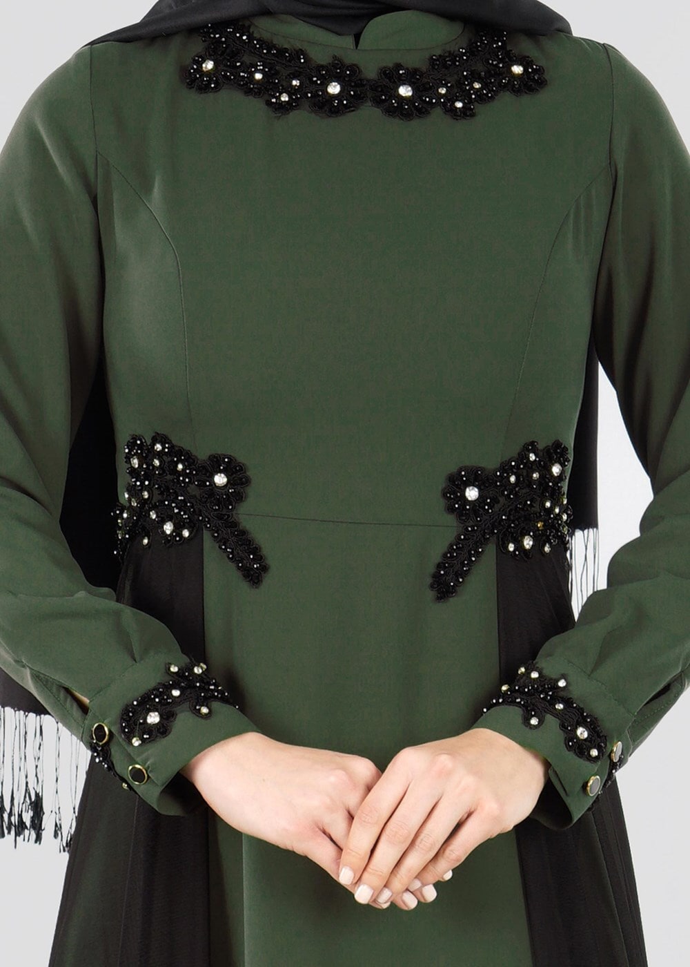 Vêtements hijab KAKI T 9573 Funda-Tül Detaylı Abiye Elbise