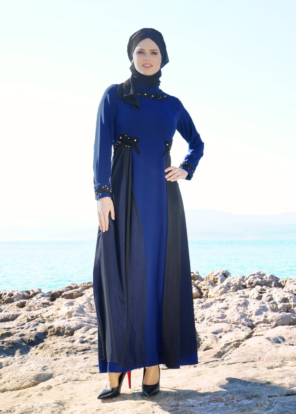 Vêtements hijab BLEU MARINE T 9573 Funda-Tül Detaylı Abiye Elbise