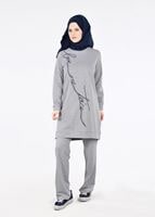 Tesettür giyim GRİ T 6431 İnci Detaylı 2&prime;li Tesettür Spor Takım- Bwest