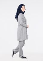 Tesettür giyim GRİ T 6431 İnci Detaylı 2&prime;li Tesettür Spor Takım- Bwest