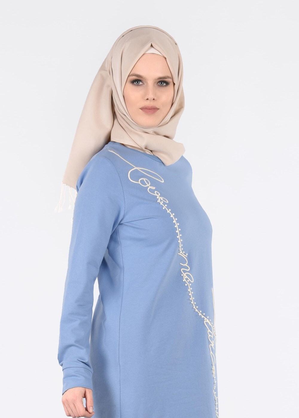 Tesettür giyim MAVİ T 6431 İnci Detaylı 2&prime;li Tesettür Spor Takım- Bwest