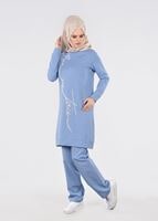 Tesettür giyim MAVİ T 6431 İnci Detaylı 2&prime;li Tesettür Spor Takım- Bwest