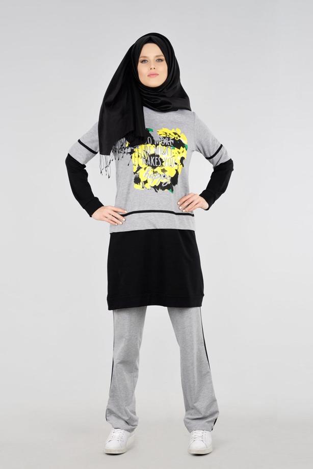 Tesettür giyim  T 8431 Çiçek Baskılı 2&prime;li Eşofman Taıkım-Bwest - TRENDTESETTÜR