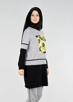 Vêtements hijab NOIR T 8431 Çiçek Baskılı 2′li Eşofman Taıkım-Bwest