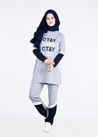 Tesettür giyim GRİ T 9931 Bwest- Baskı Detaylı 2&prime;li Esofman Takım