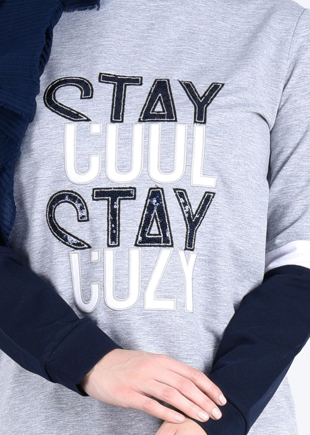 Tesettür giyim GRİ T 9931 Bwest- Baskı Detaylı 2&prime;li Esofman Takım