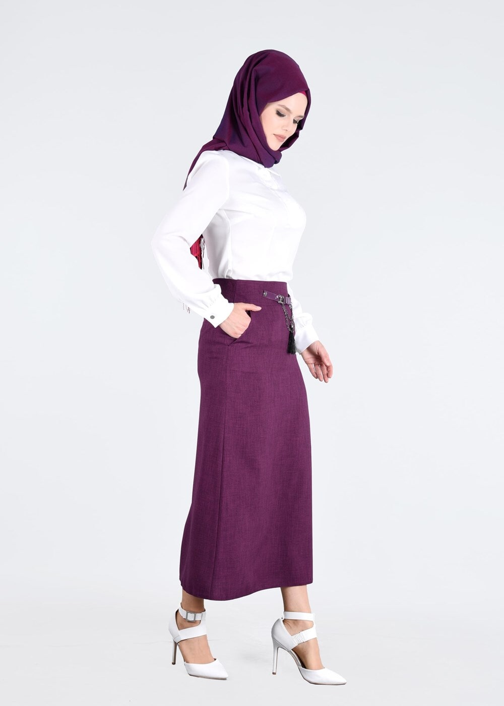 Tesettür giyim MÜRDÜM T 074 Kemer Detaylı Dar Kesim Etek-İşler Collection