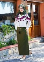 Tesettür giyim HAKİ T 074 Kemer Detaylı Dar Kesim Etek-İşler Collection
