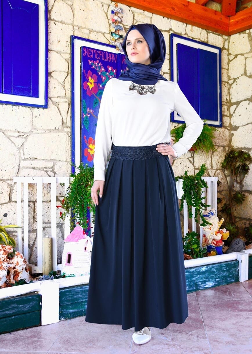 Tesettür giyim LACİVERT T 693 Dantel Detaylı Etek-İşler Collection