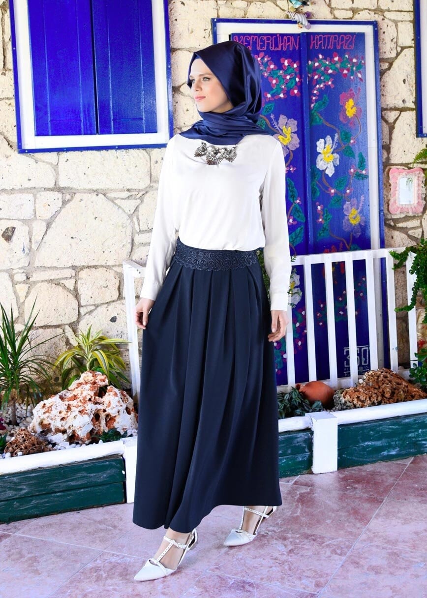 Tesettür giyim LACİVERT T 693 Dantel Detaylı Etek-İşler Collection
