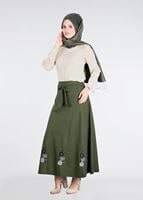 Tesettür giyim HAKİ T 754  Nakış Detaylı Kuşaklı Etek-İşler Collection