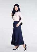 Tesettür giyim LACİVERT T 754  Nakış Detaylı Kuşaklı Etek-İşler Collection