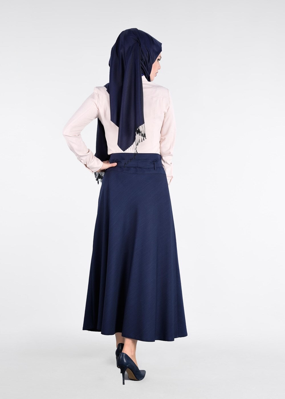 Tesettür giyim LACİVERT T 754  Nakış Detaylı Kuşaklı Etek-İşler Collection