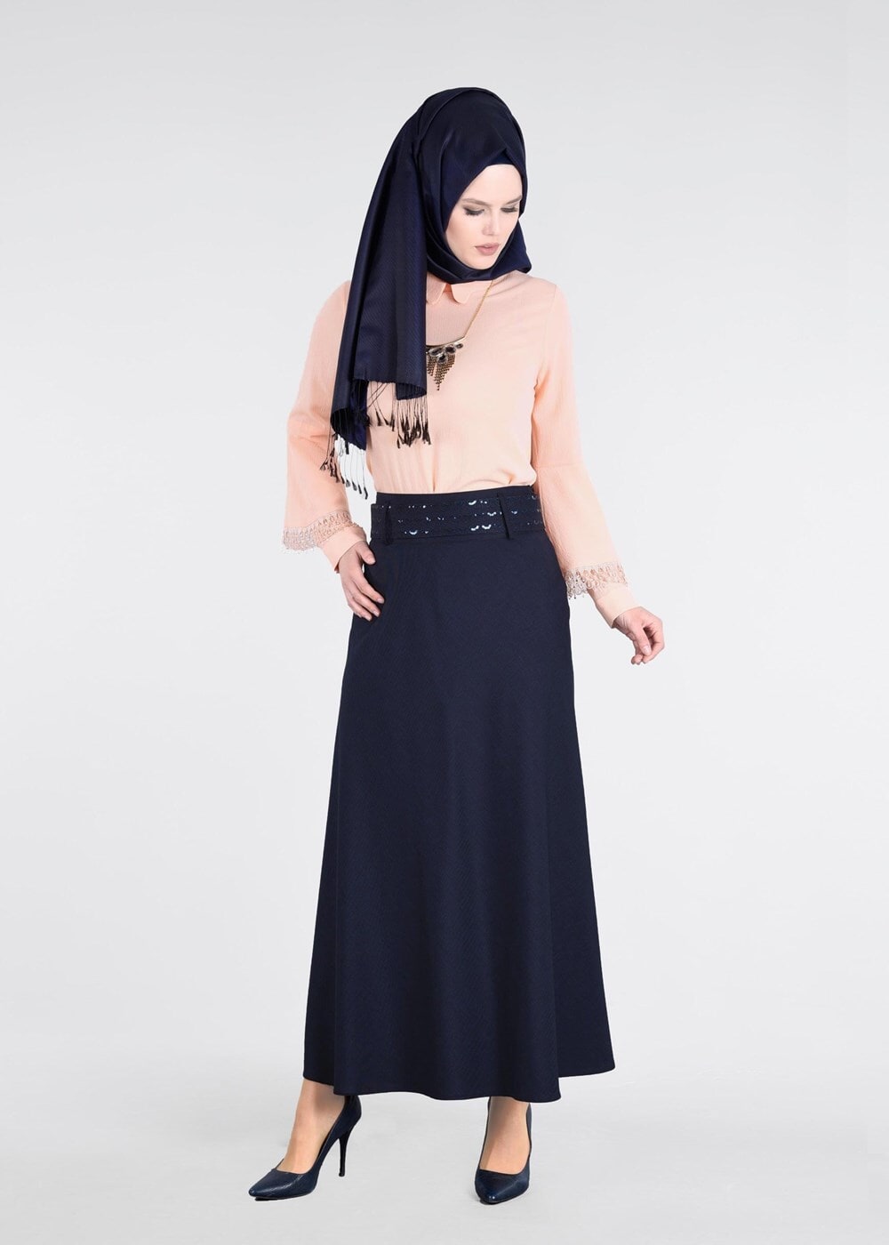 Tesettür giyim LACİVERT T 793 Kuşak Kısmı Pul Detaylı Etek-İşler Collection