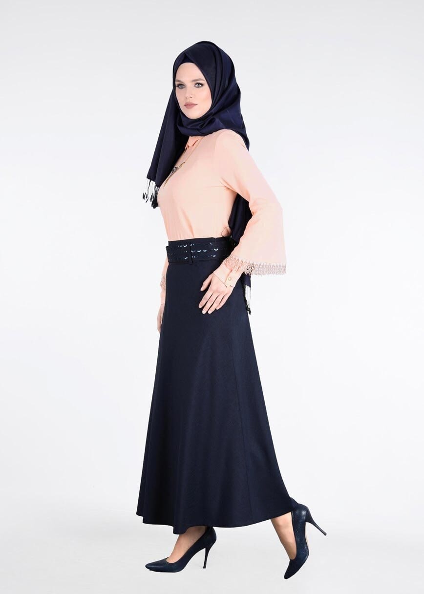 Tesettür giyim LACİVERT T 793 Kuşak Kısmı Pul Detaylı Etek-İşler Collection