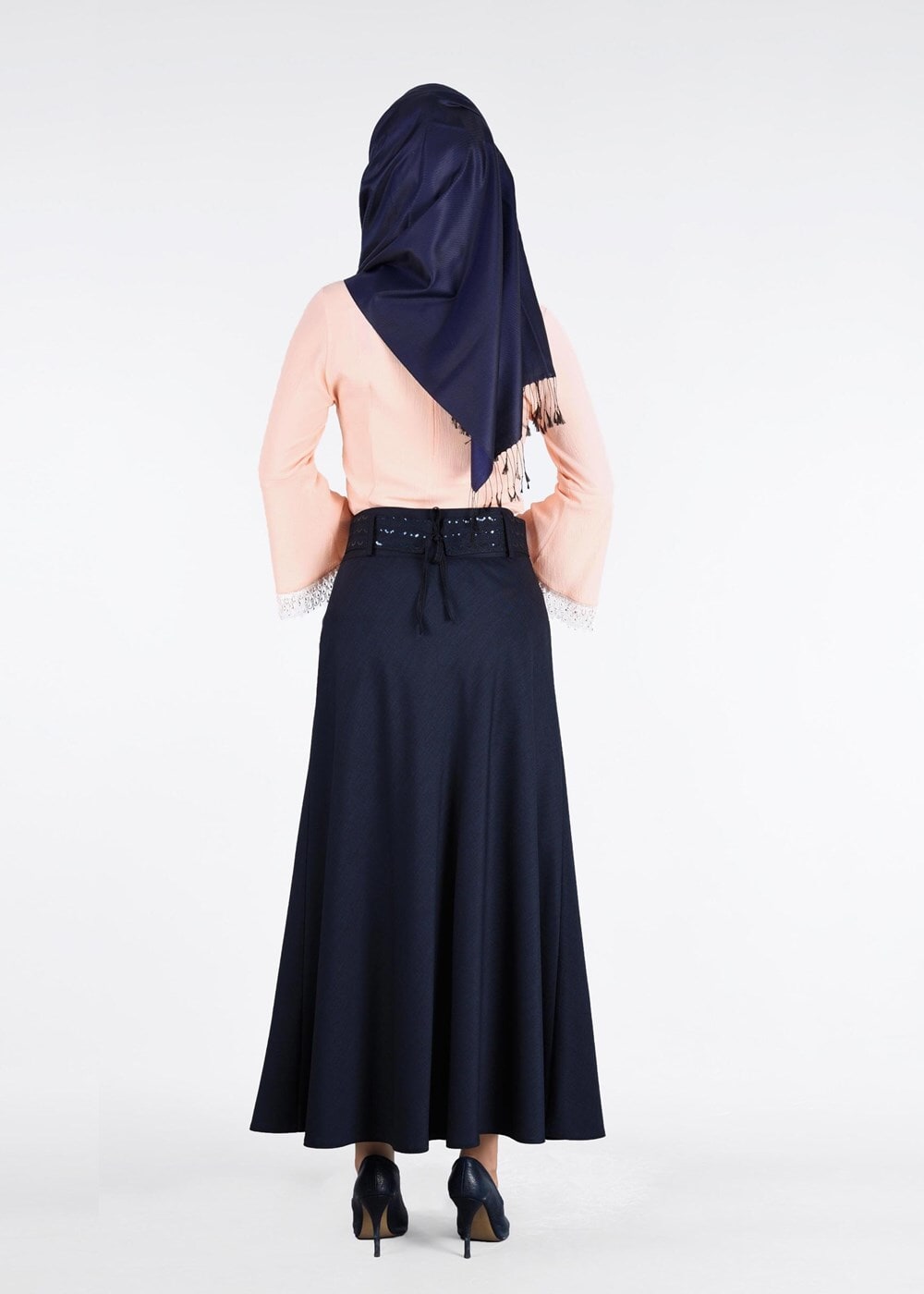 Tesettür giyim LACİVERT T 793 Kuşak Kısmı Pul Detaylı Etek-İşler Collection