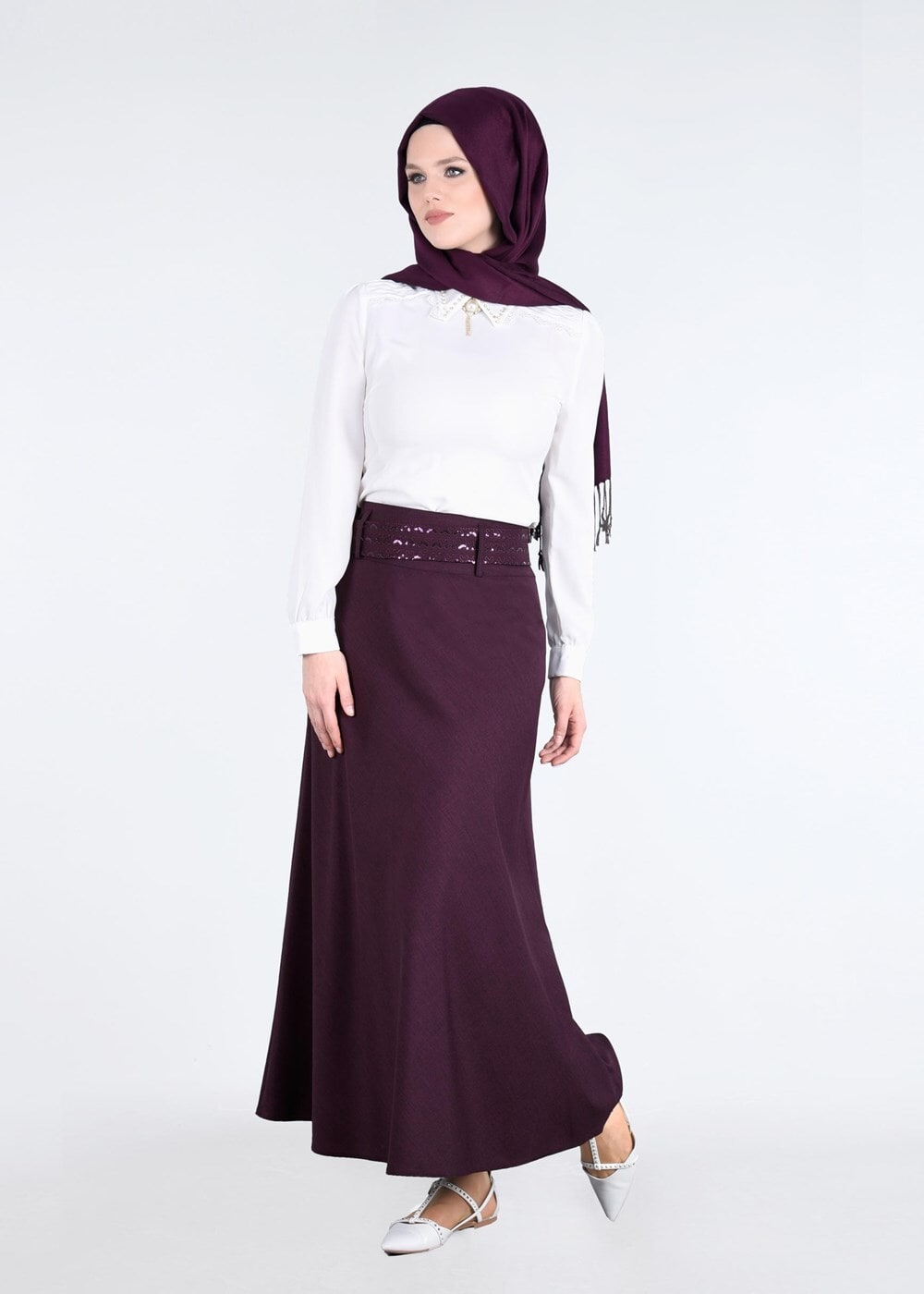 Tesettür giyim MÜRDÜM T 793 Kuşak Kısmı Pul Detaylı Etek-İşler Collection