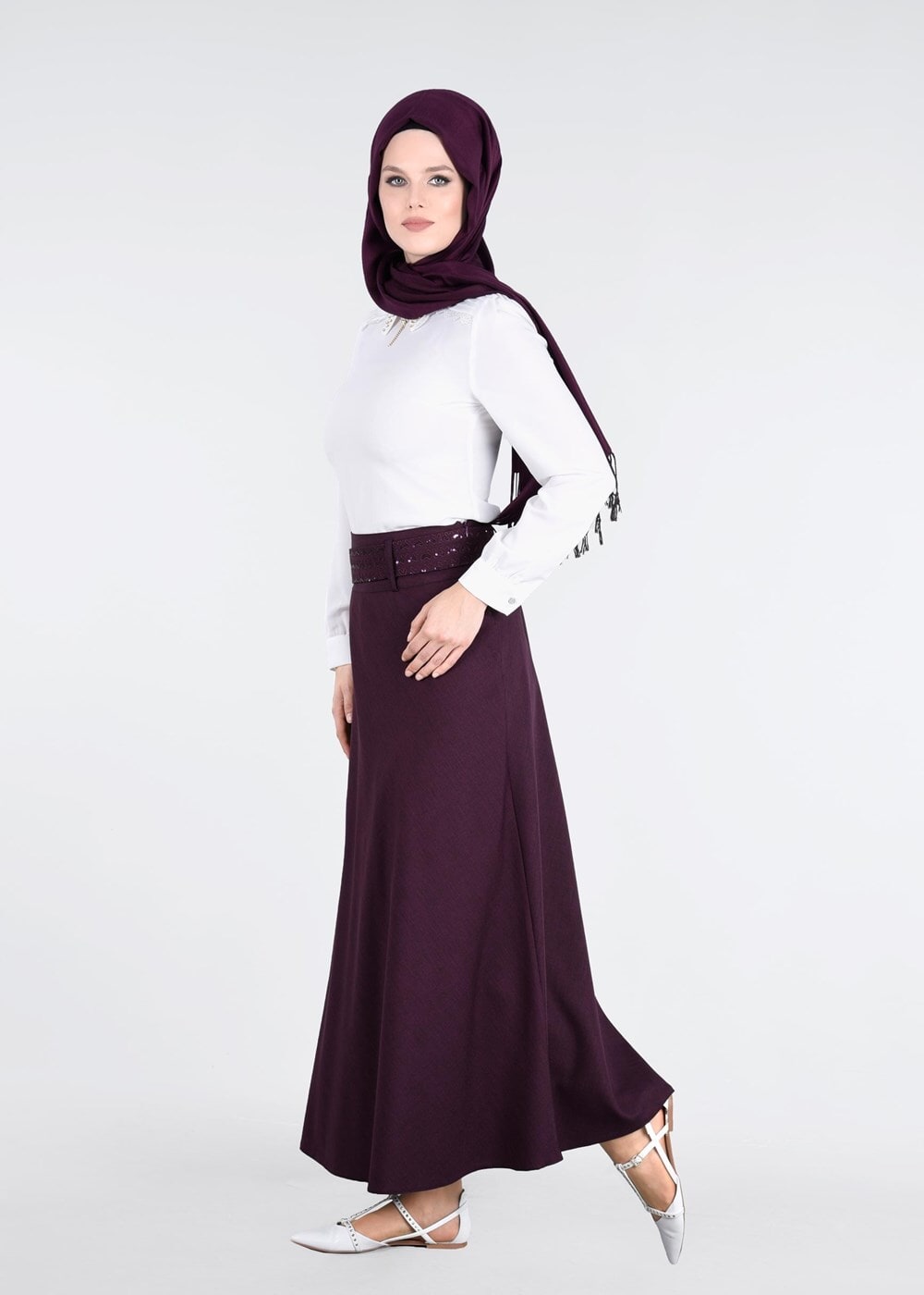 Tesettür giyim MÜRDÜM T 793 Kuşak Kısmı Pul Detaylı Etek-İşler Collection