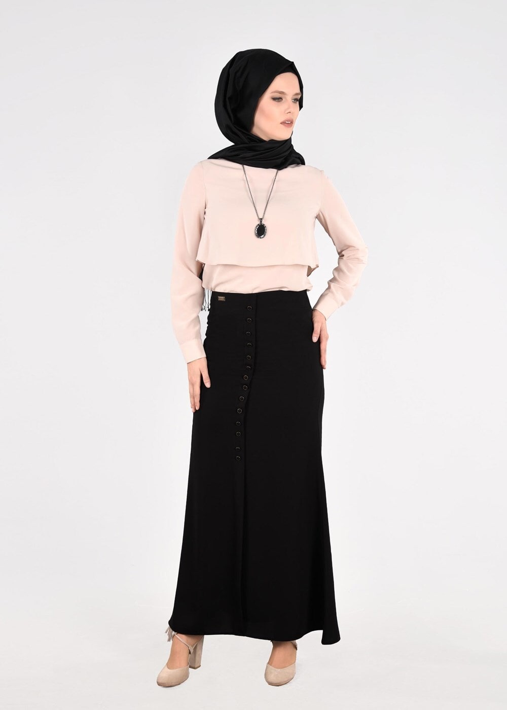 Vêtements hijab NOIR T 2814 Işıl Lıfe- Önden Düğmeli Etek