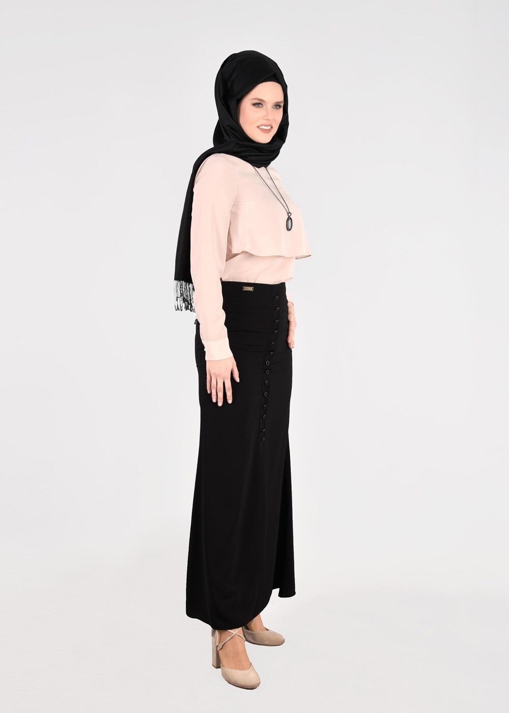 Vêtements hijab NOIR T 2814 Işıl Lıfe- Önden Düğmeli Etek