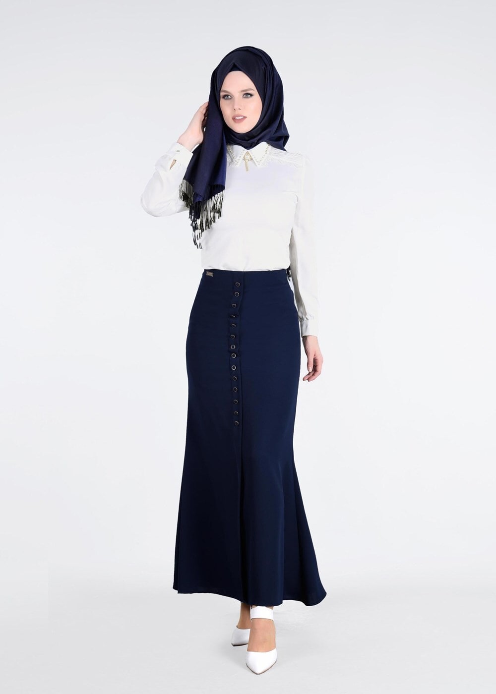 Hijab clothing NAVY BLUE T 2814 Işıl Lıfe- Önden Düğmeli Etek