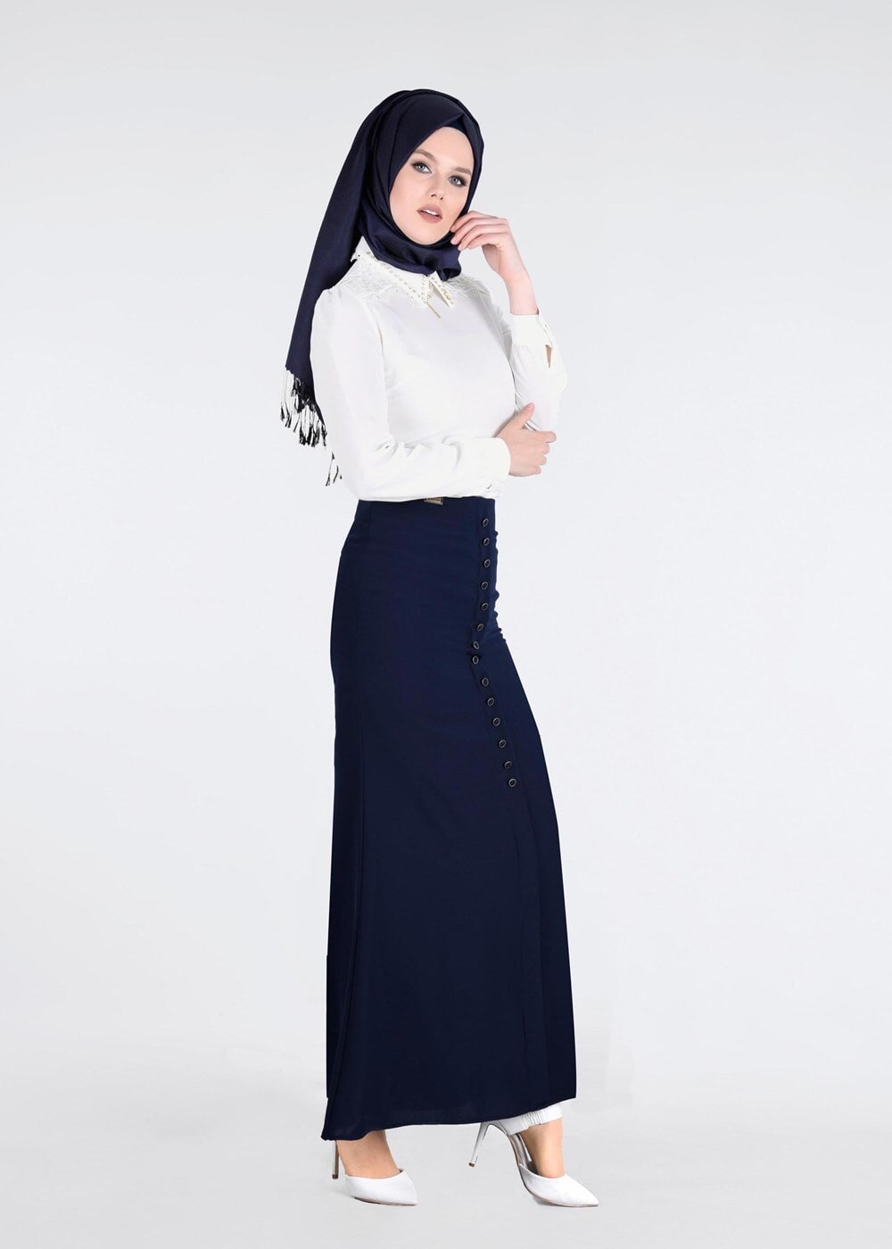Hijab clothing NAVY BLUE T 2814 Işıl Lıfe- Önden Düğmeli Etek