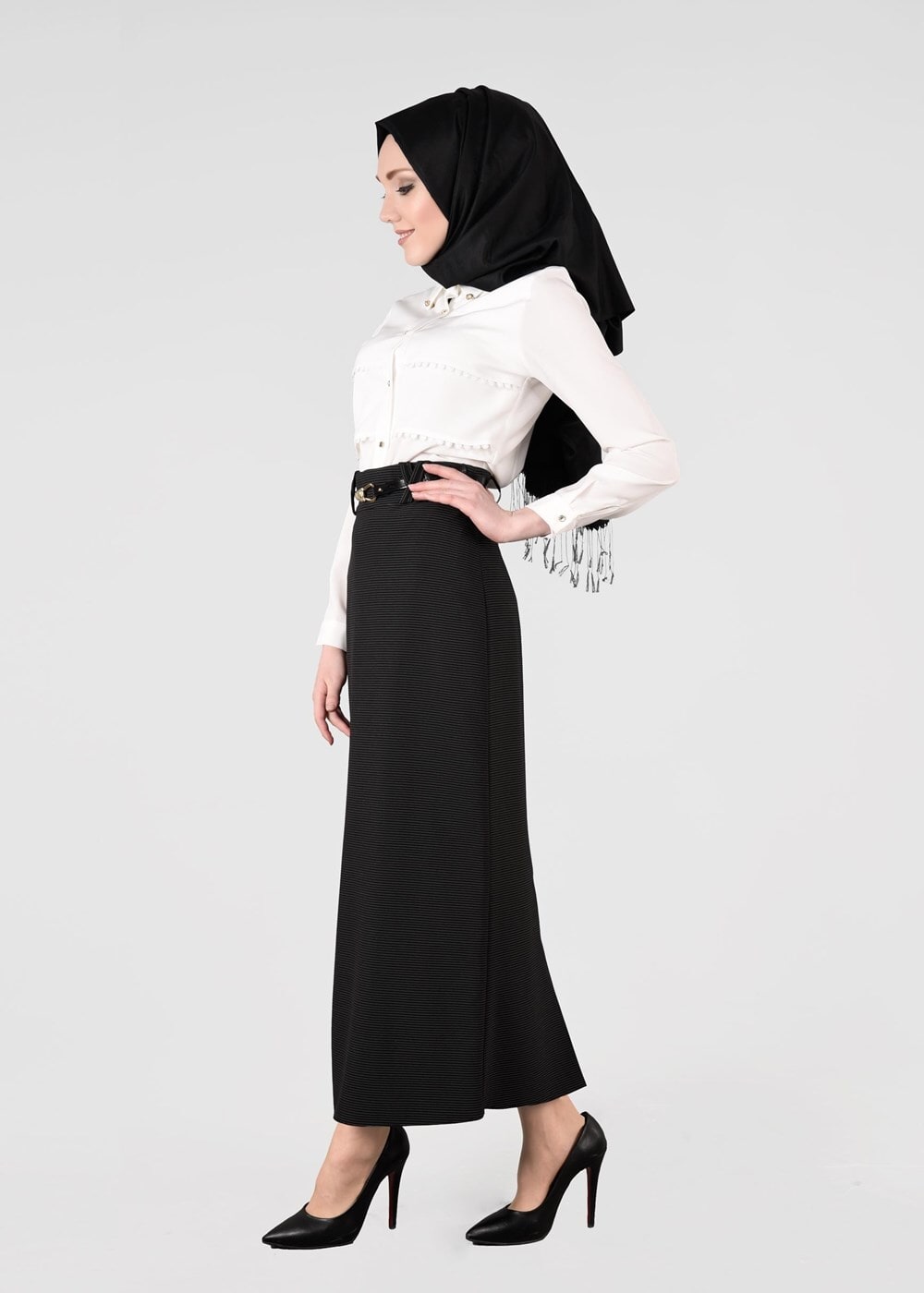 Vêtements hijab NOIR T 3614 Işıl Lıfe-Çizgi Detaylı Etek