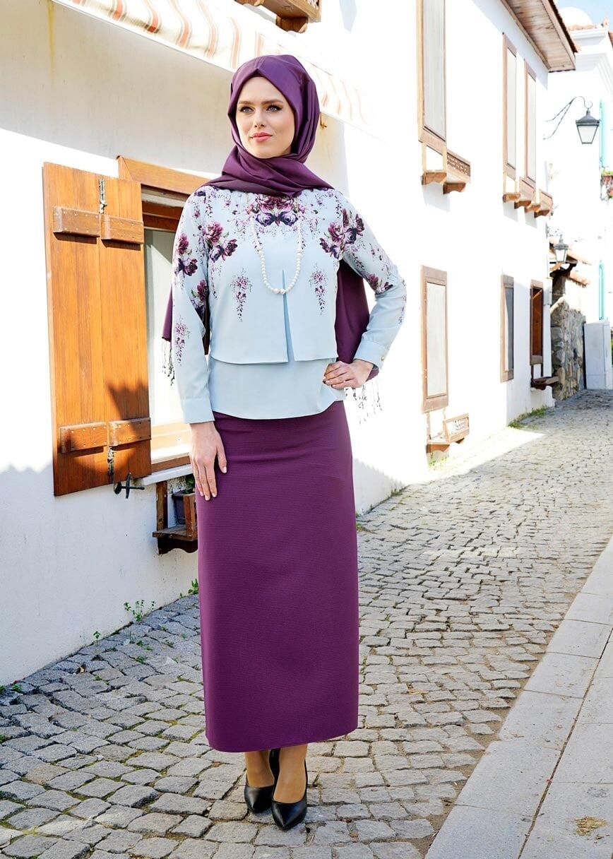 Hijab clothing PURPLE T 3614 Işıl Lıfe-Çizgi Detaylı Etek