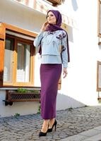 Hijab clothing PURPLE T 3614 Işıl Lıfe-Çizgi Detaylı Etek