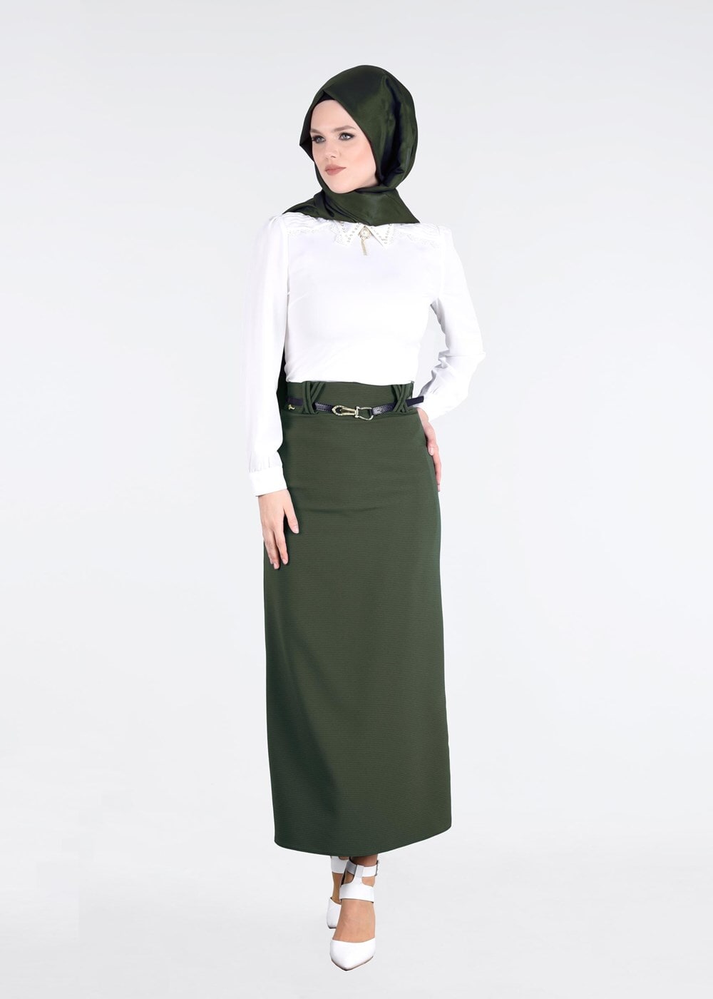 Hijab clothing KHAKI T 3614 Işıl Lıfe-Çizgi Detaylı Etek