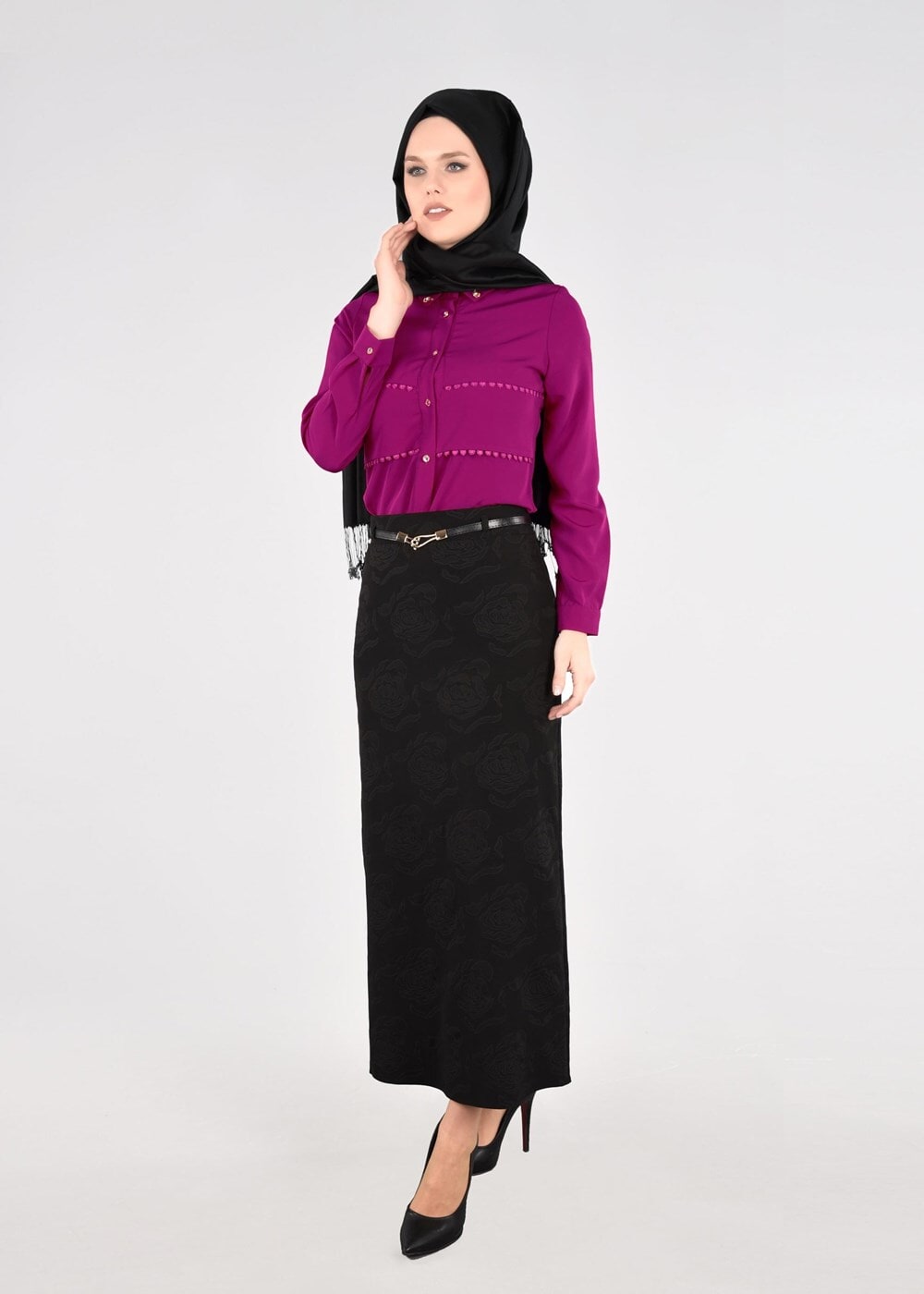 Hijab clothing BLACK T 3814 Işıl Lıfe-Gül Desenli Etek
