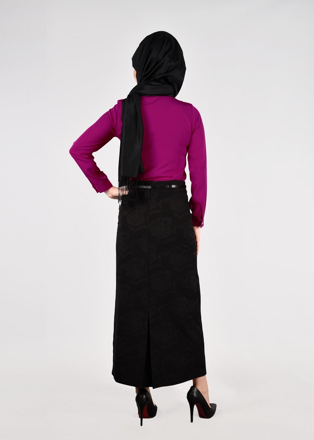 Hijab clothing BLACK T 3814 Işıl Lıfe-Gül Desenli Etek