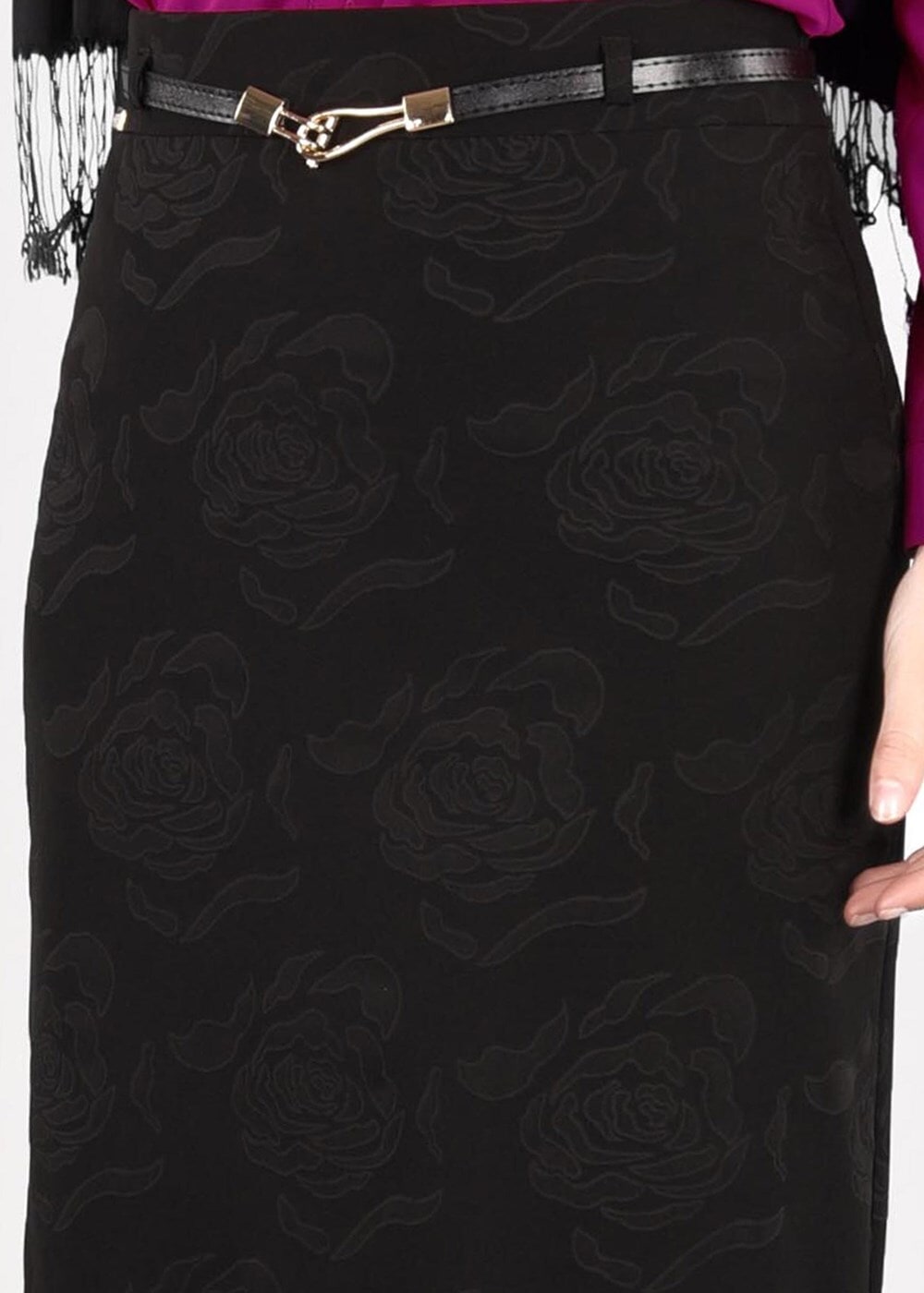 Hijab clothing BLACK T 3814 Işıl Lıfe-Gül Desenli Etek