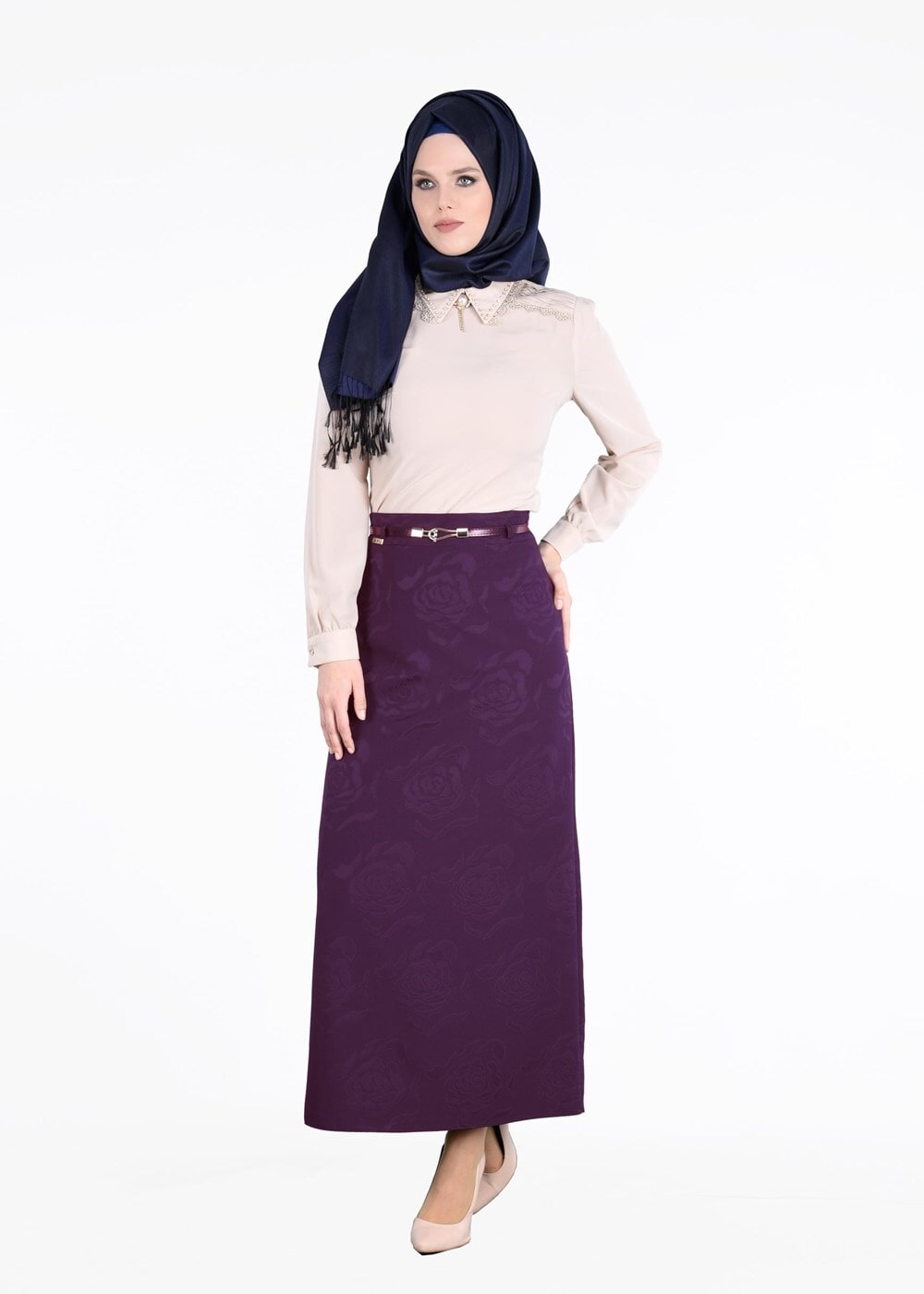 Hijab clothing PURPLE T 3814 Işıl Lıfe-Gül Desenli Etek