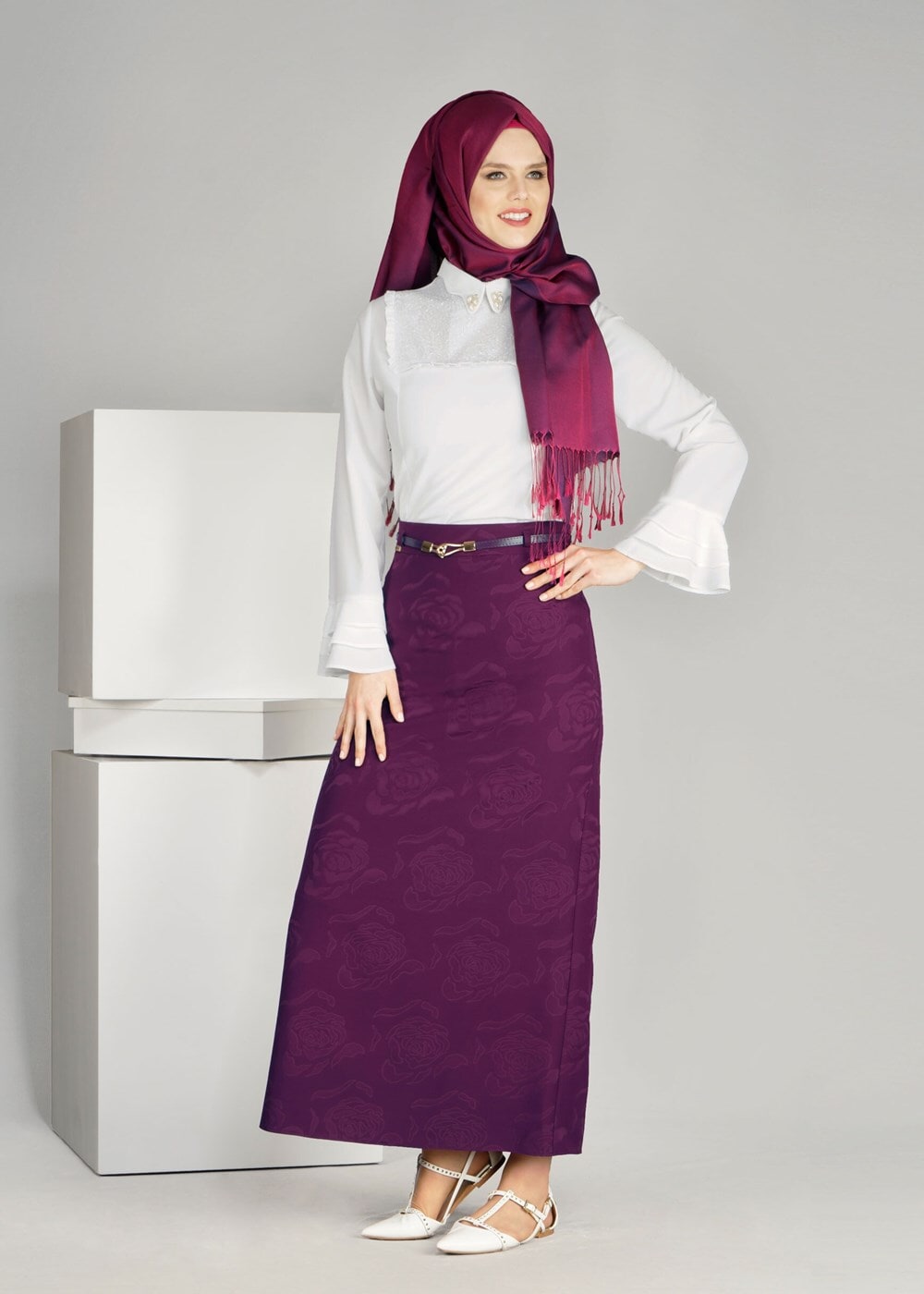Vêtements hijab FUCHSIA T 3814 Işıl Lıfe-Gül Desenli Etek