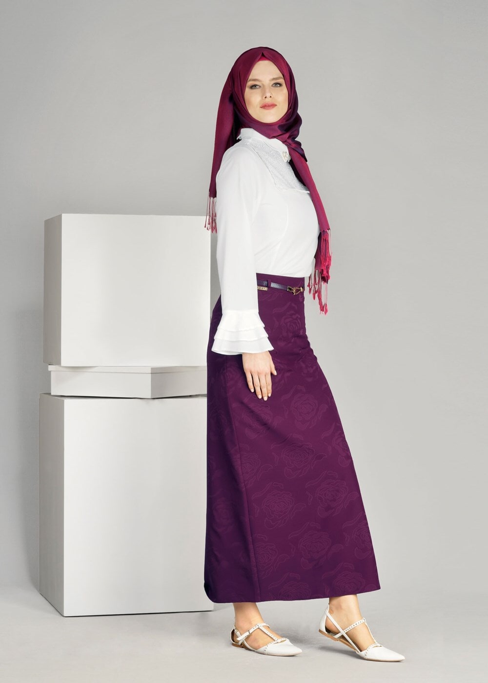 Vêtements hijab FUCHSIA T 3814 Işıl Lıfe-Gül Desenli Etek