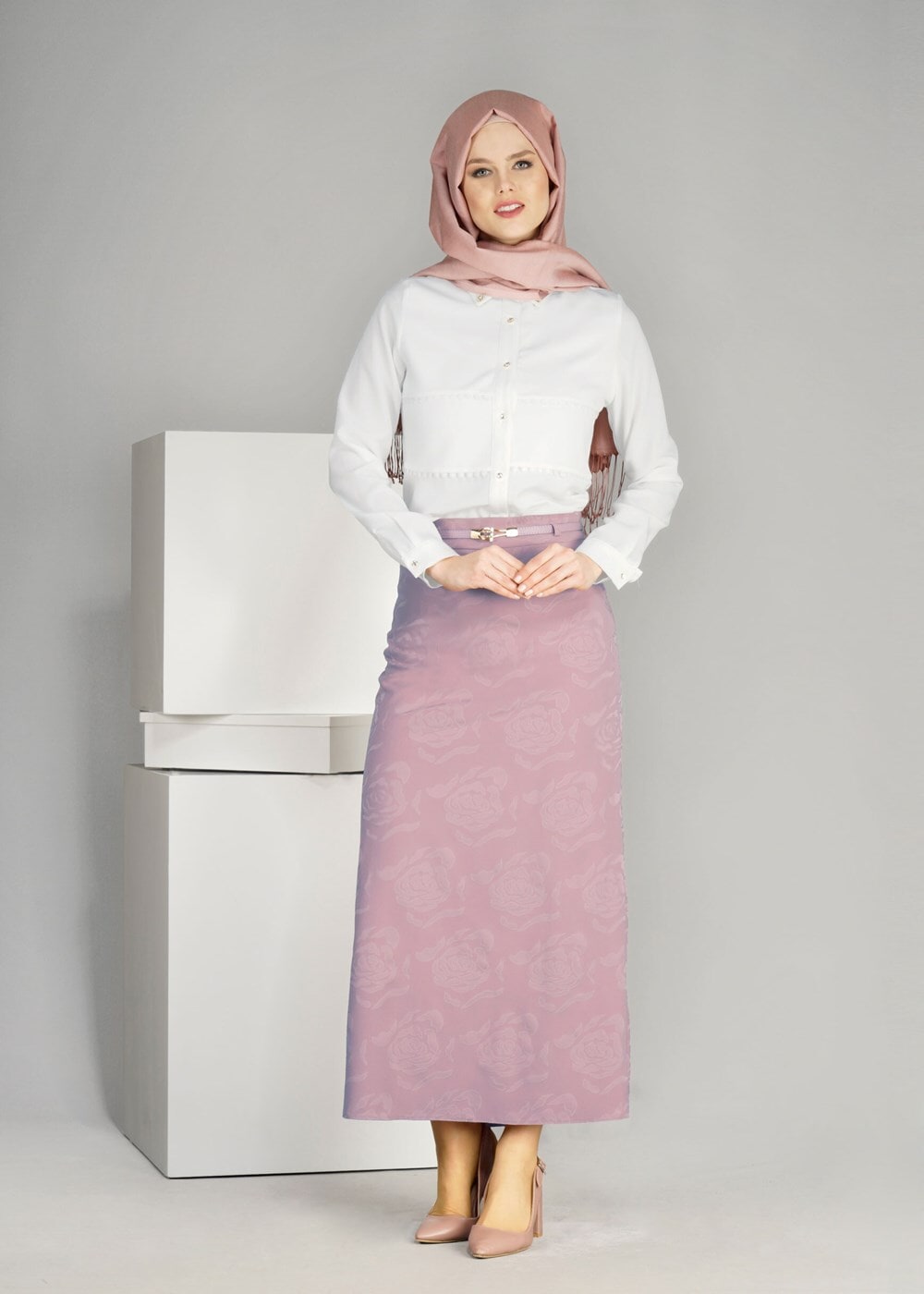 Vêtements hijab POUDRE T 3814 Işıl Lıfe-Gül Desenli Etek