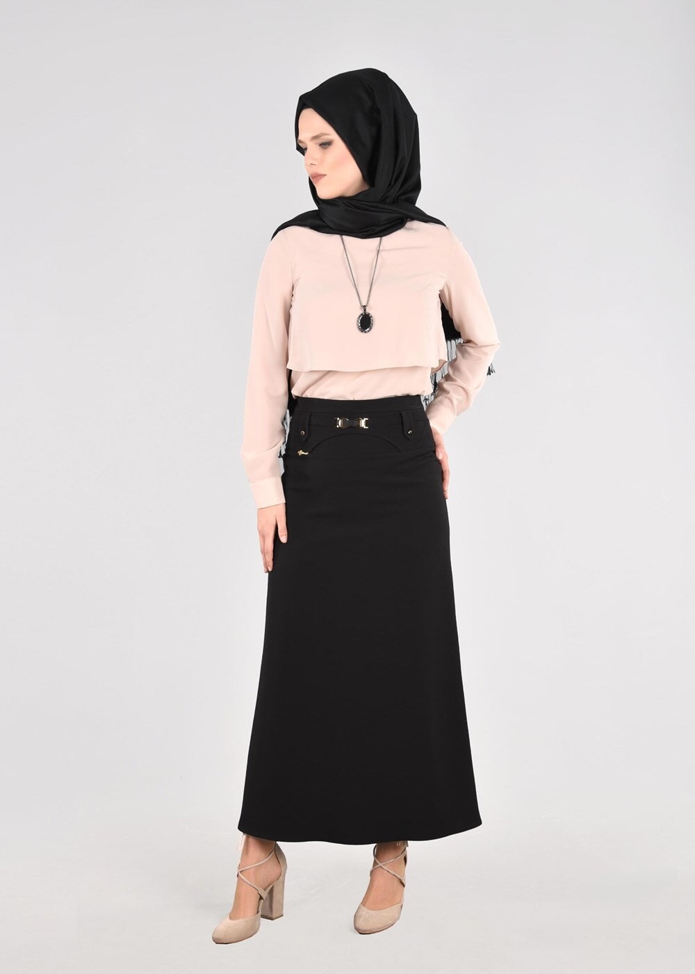 Hijab clothing BLACK T 5214 Işıl Lıfe-Kemer Detaylı Etek